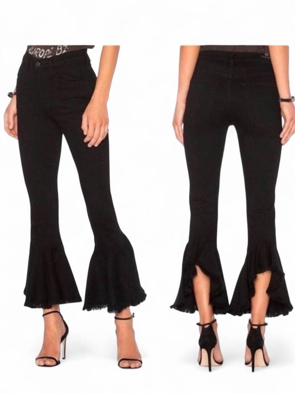Citizens Of Humanity Black Flare Crop Jeans with Ruffled Hem